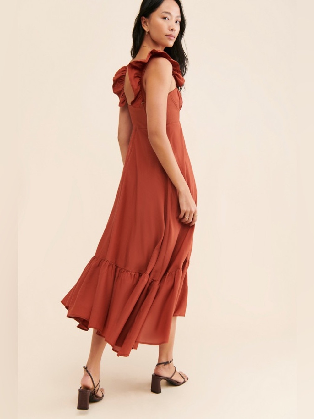Farm Rio Ruffle Strap Maxi Dress in Rust - Picture 3 of 10